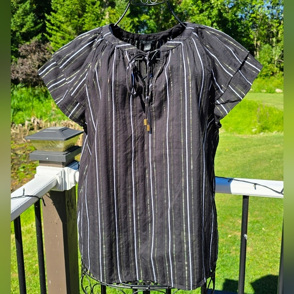 Ann Taylor Metallic Stripe Tie Neck Blouse, Size L, EUC - Picture 2 of 8